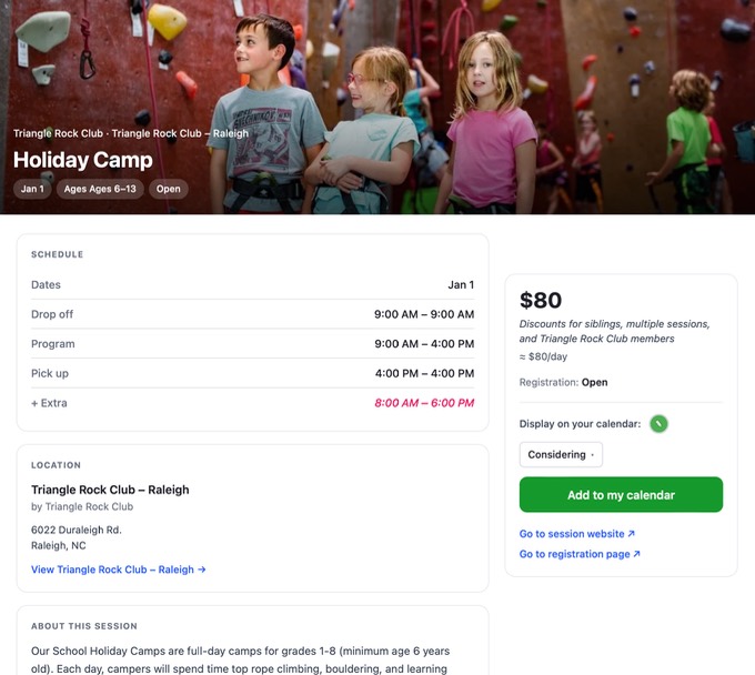 Session detail with schedule and price