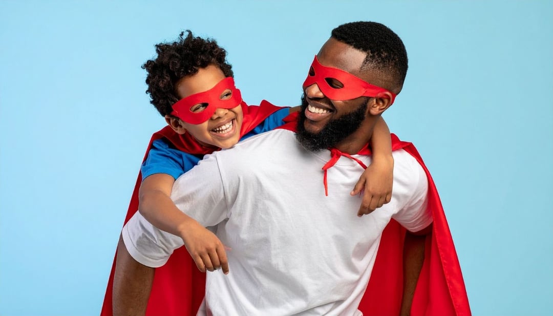 Smiling father and young son wearing red superhero capes and masks, the boy riding piggyback against a light blue background